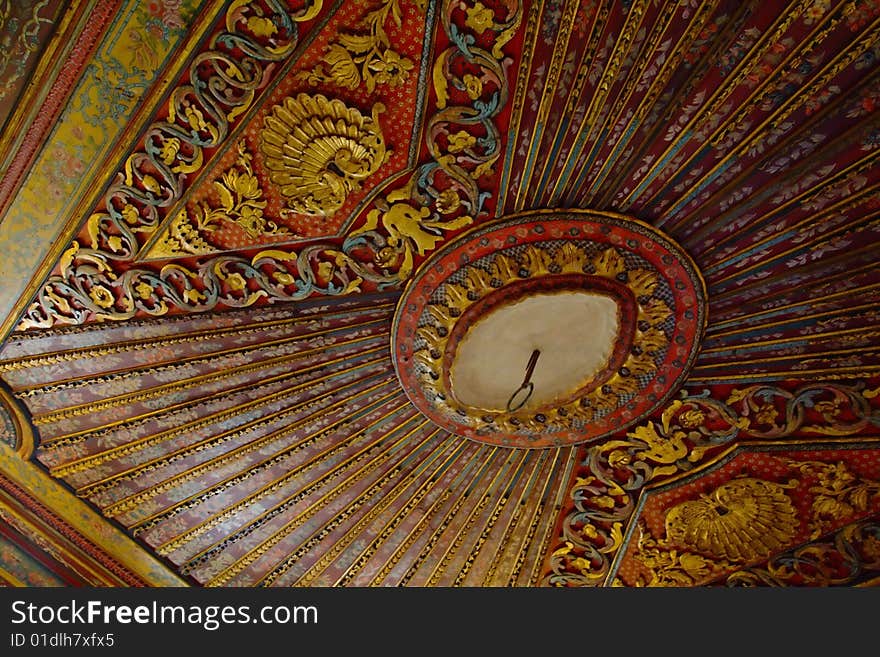 Turkish ceiling carved in wood and painted with intense colors