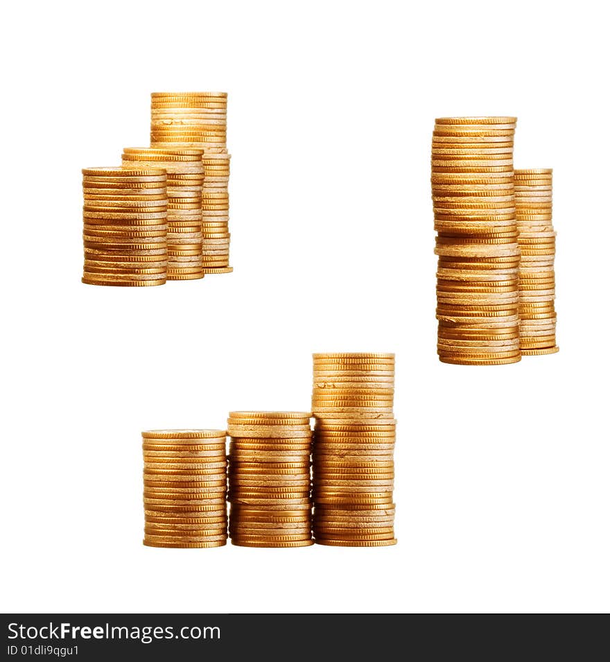 Money, gold coins isolated on white background. Money, gold coins isolated on white background.