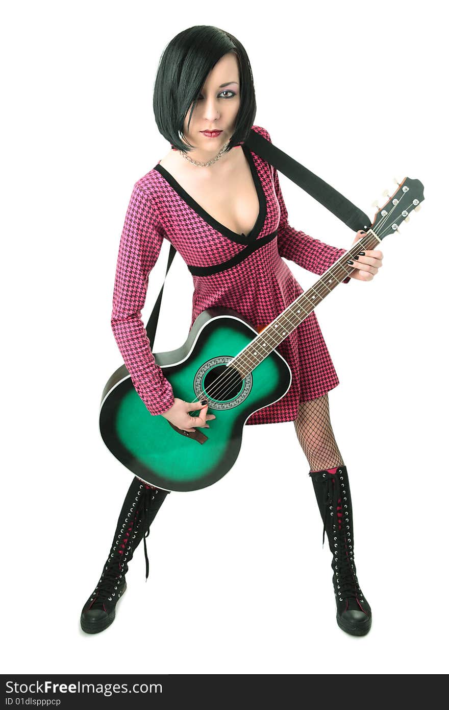 Beauty emo girl with guitar on black background