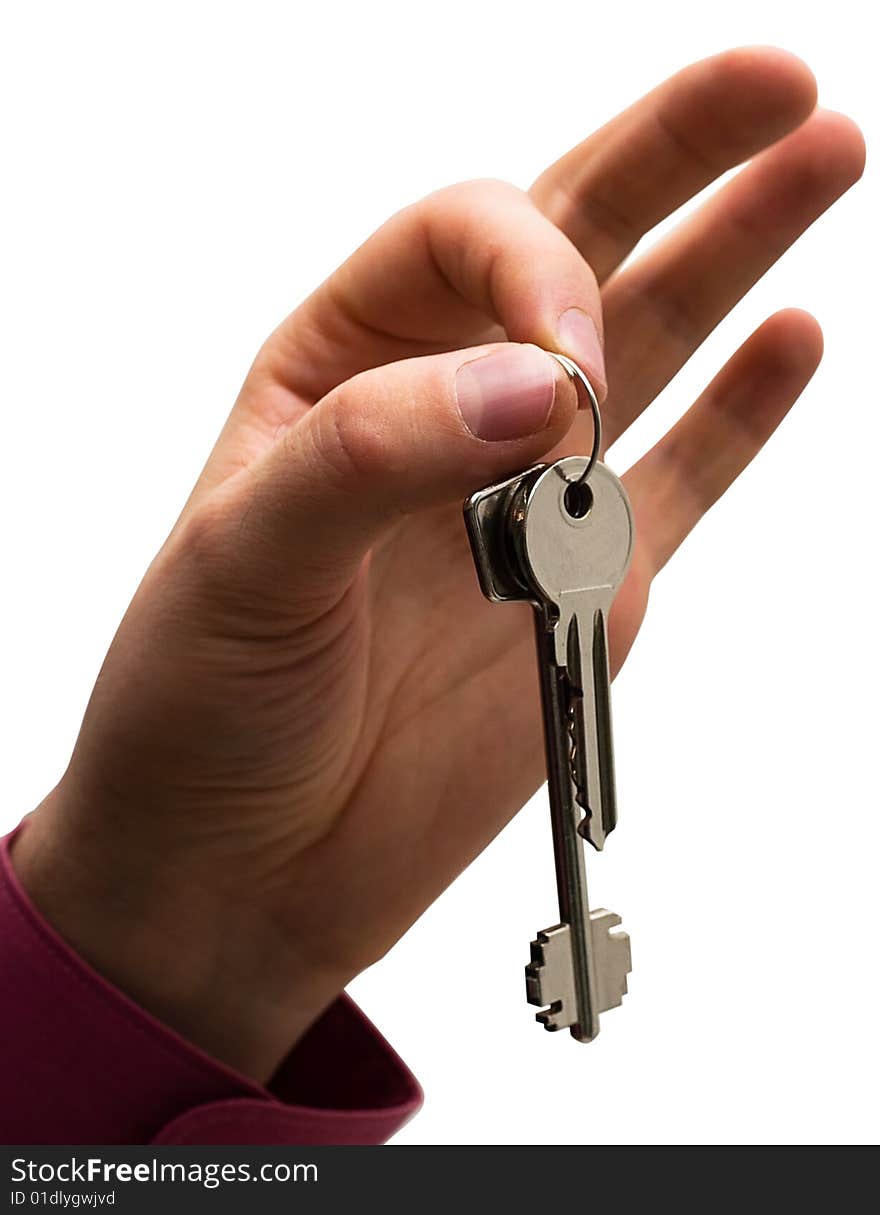 Businessman's hand holding keys - isolated. Businessman's hand holding keys - isolated