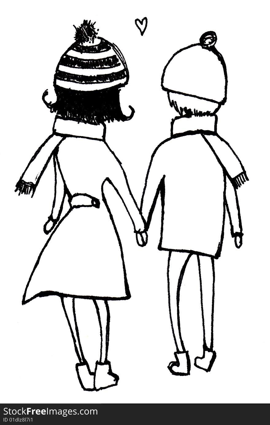 A cute illustration of a couple holding hands. A cute illustration of a couple holding hands.