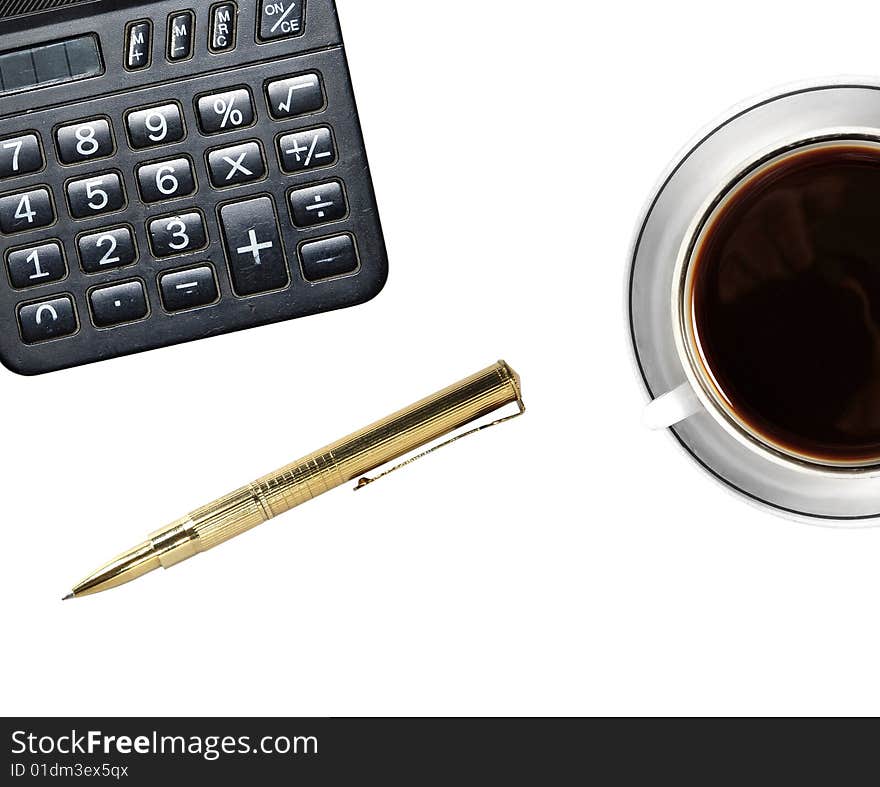 Coffee, calculator, pen on white background. Workplace.