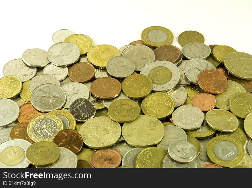 Different country coins on white background