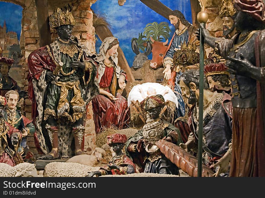 Baroque Bethlehem in Prague - Wholy Family with three Kings. 48 figures Bethlehem made in 17th century by monk Kaspar. Artwork from straw, paper, gypsum and original clothes.