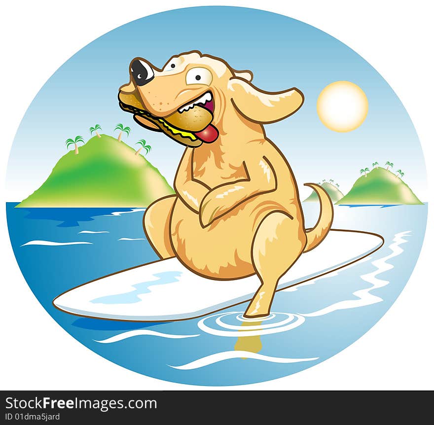 Illustration of a dog on a surfboard with a hotdog in his mouth