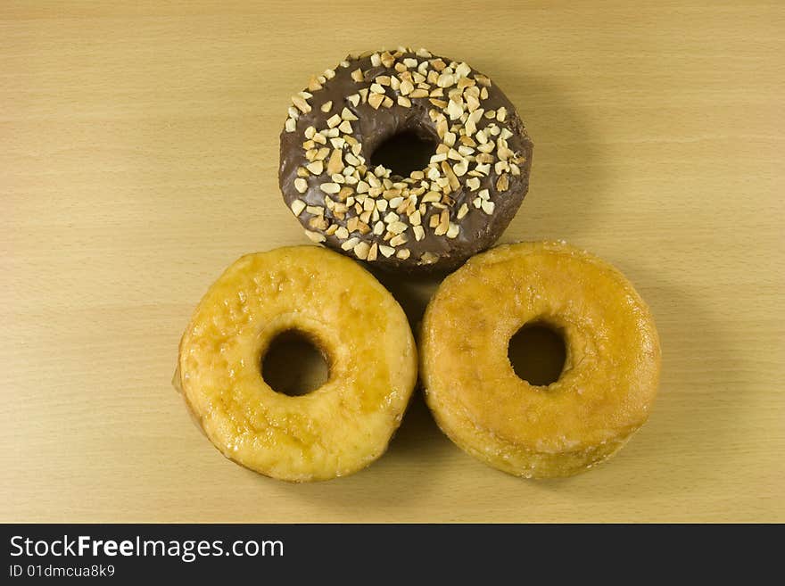 Three donuts on top view