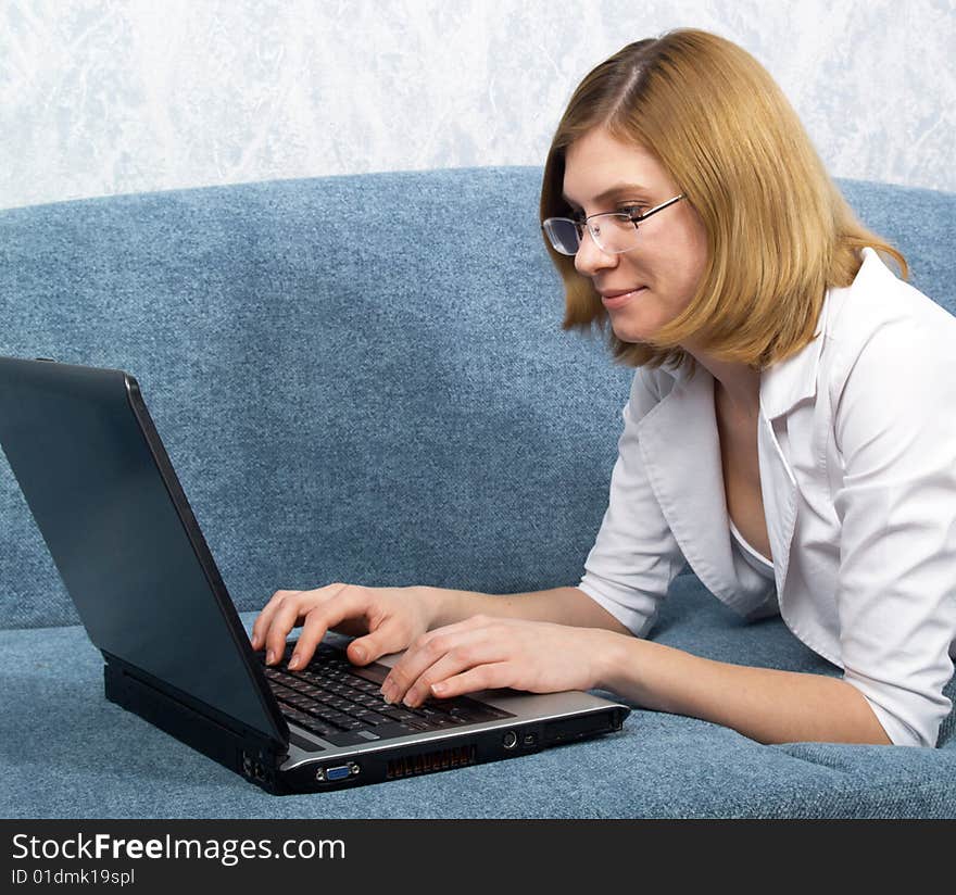 The young beautiful girl in points with laptop. The young beautiful girl in points with laptop