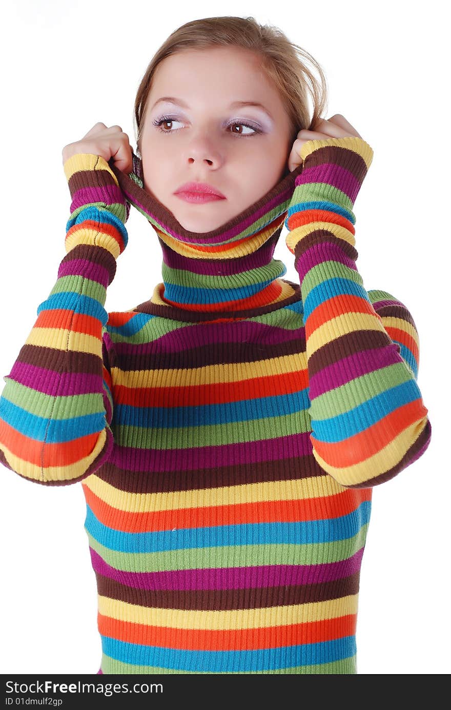 Portrait of a young woman in striped sweater