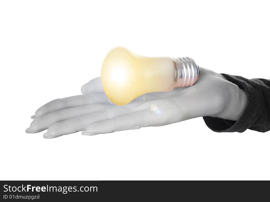 Hand of a woman with lamp on the white background. Hand of a woman with lamp on the white background