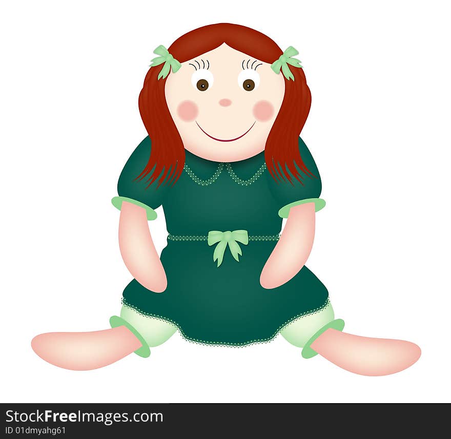 Illustration of cute toy doll in green dress