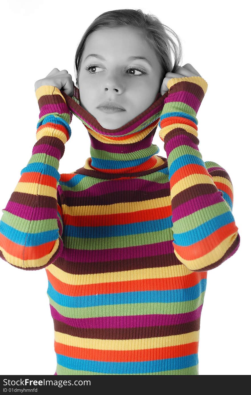 Portrait of a young woman in striped sweater