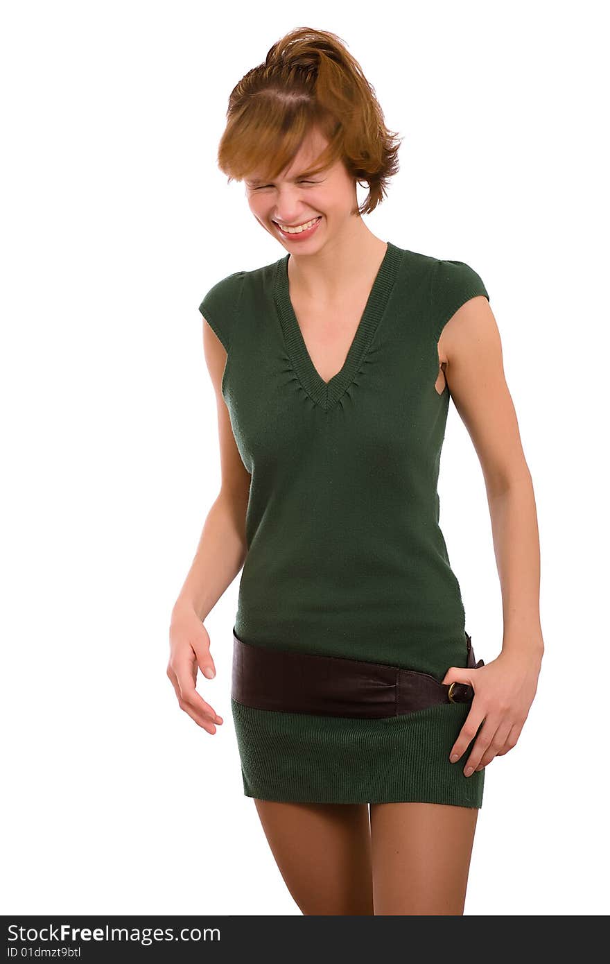 Portrait of the brunette in a dark green dress on a white background. Isolated. Portrait of the brunette in a dark green dress on a white background. Isolated