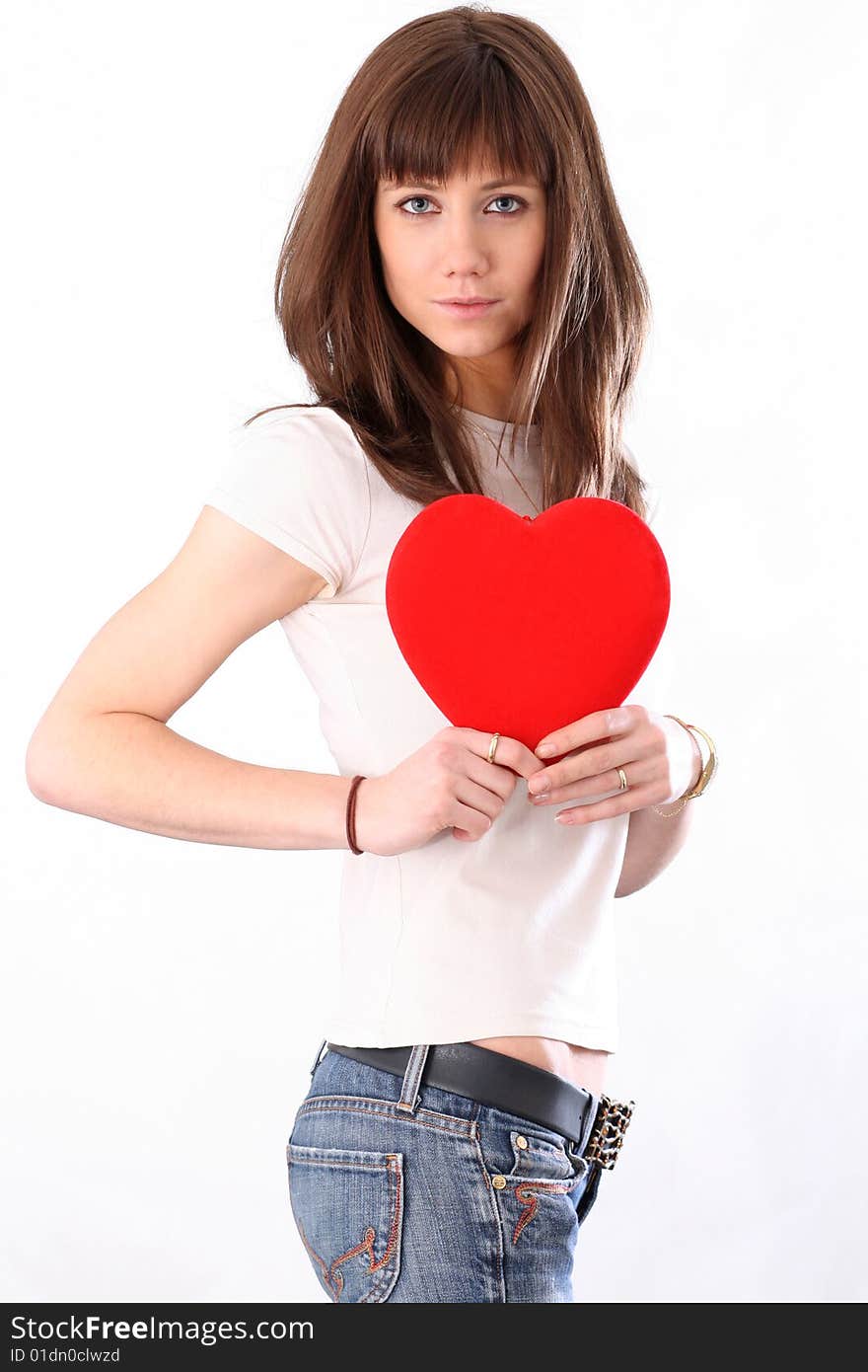 Woman with red heart isolater on white. Woman with red heart isolater on white