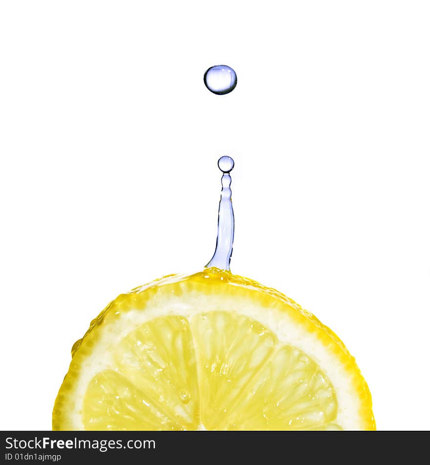 Fresh water drops on lemon isolated on white