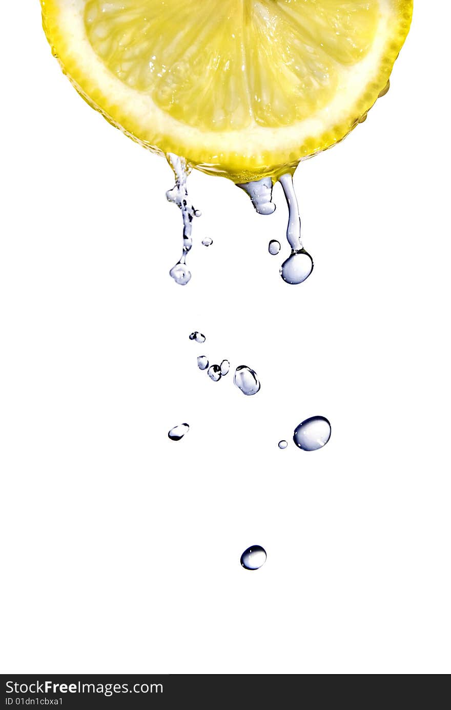 Fresh water drops on lemon isolated on white