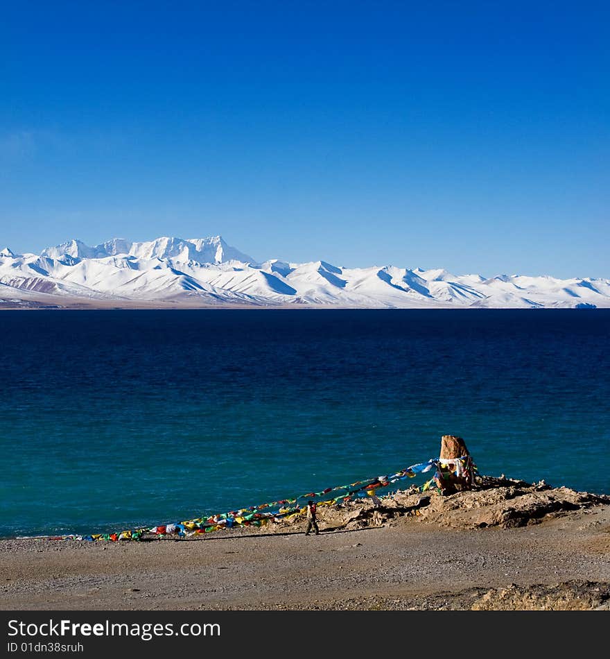 The water of this lake is deep blue