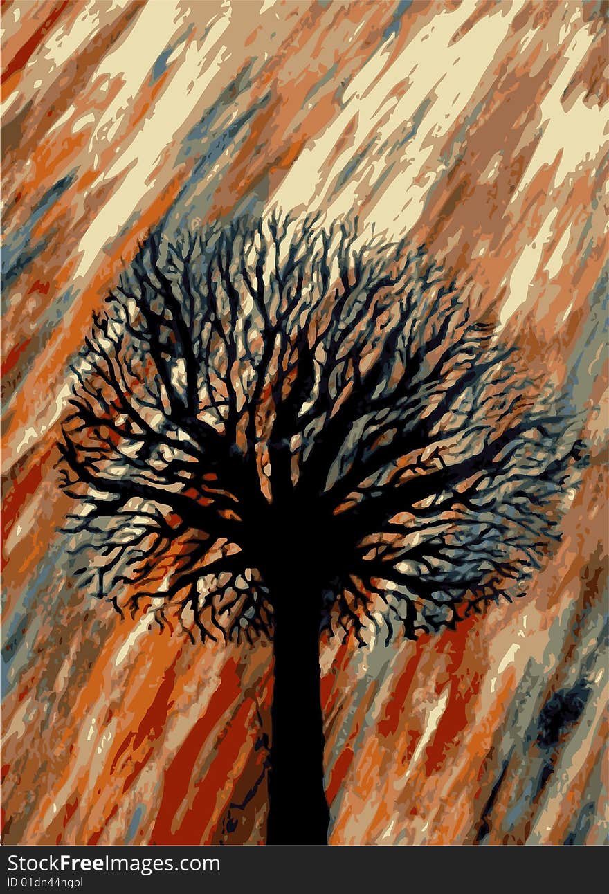 A black silhouette of a winter tree over a colourful painted background. A black silhouette of a winter tree over a colourful painted background.