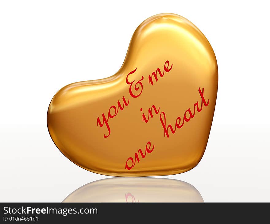 3d golden heart, red letters, text - you & me in one heart , isolated. 3d golden heart, red letters, text - you & me in one heart , isolated