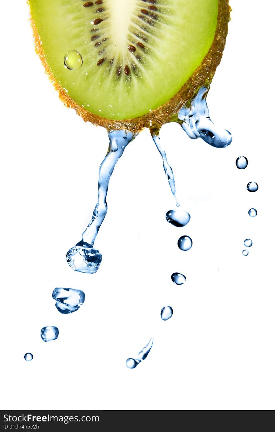 Fresh water drops on kiwi  isolated on white