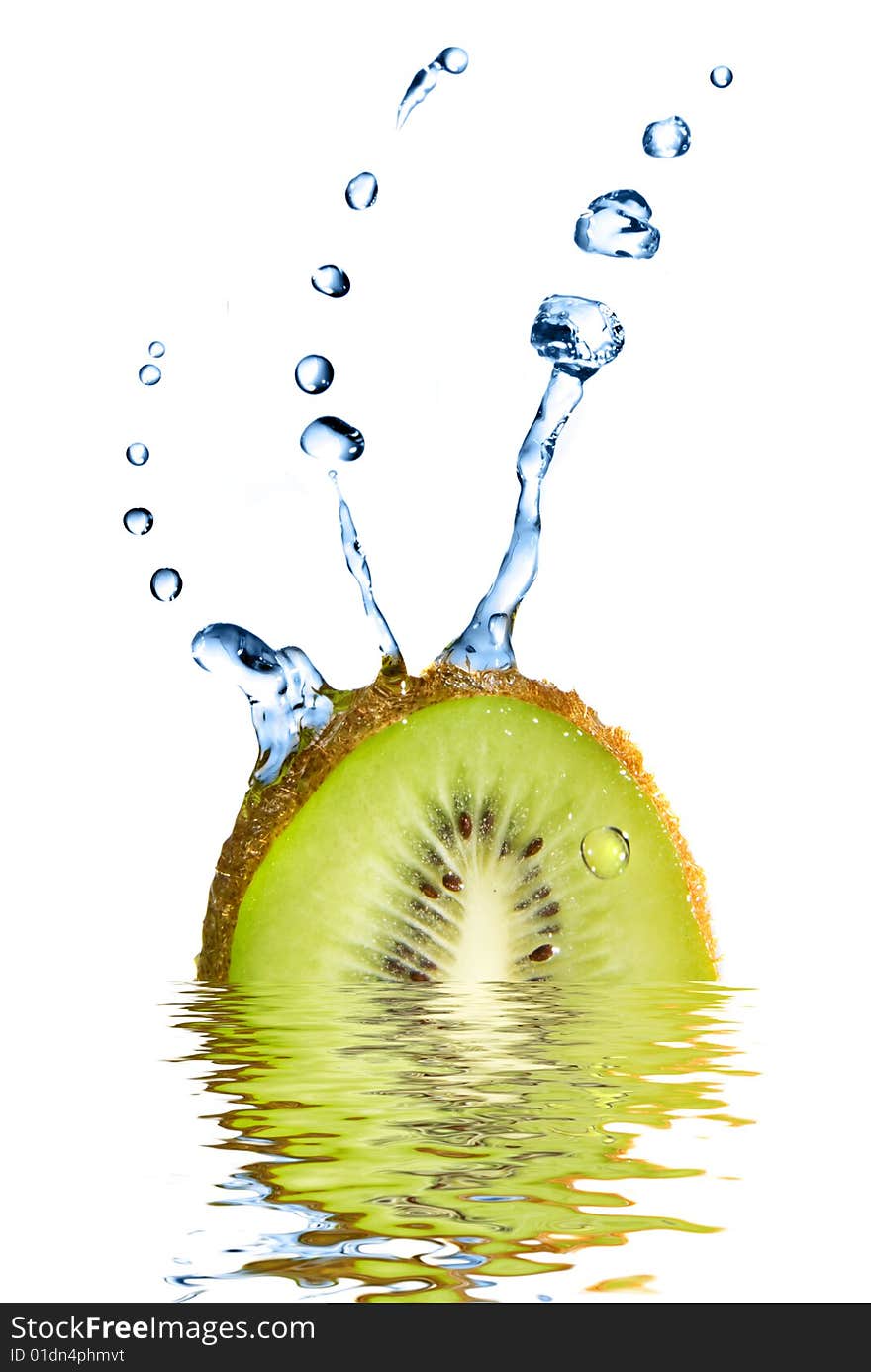 Fresh water drops on kiwi  isolated on white