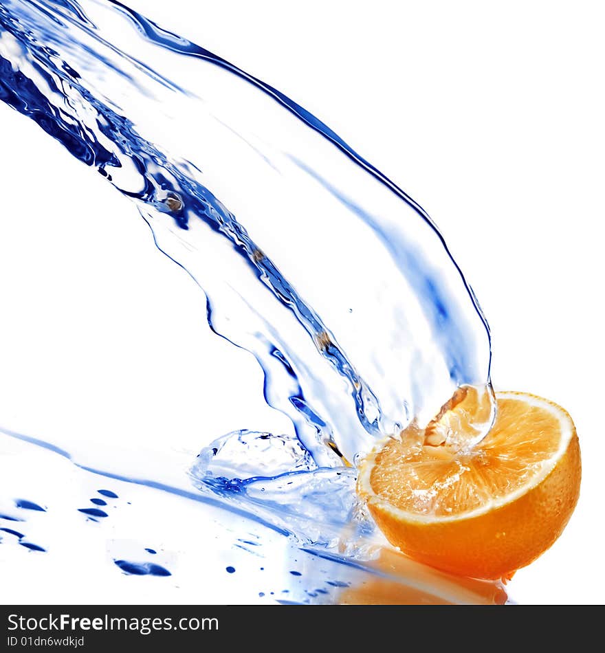 Fresh water drops on orange isolated on white