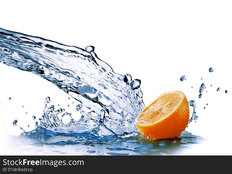 Fresh Water Drops On Orange Isolated On White