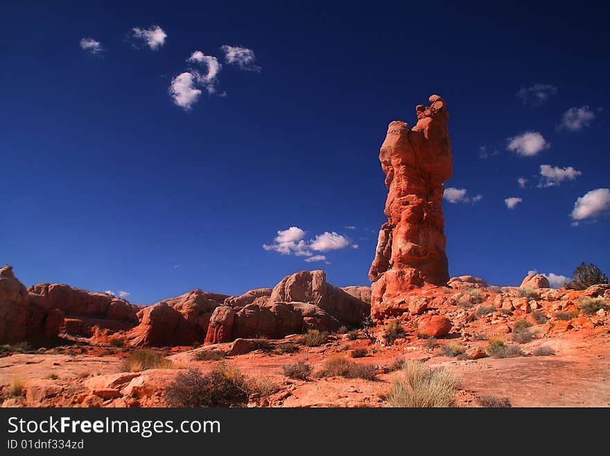 View of the red rock formations in Arches National Park with blue sky�s. View of the red rock formations in Arches National Park with blue sky�s