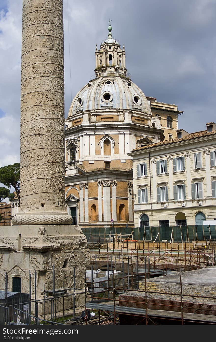 Restoration of an antique column. Rome. Italy.