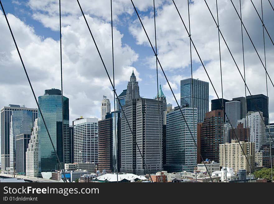 Lower Manhattan skyline viewed from Brooklyn Bridge. Lower Manhattan skyline viewed from Brooklyn Bridge.