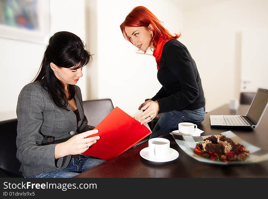 Two young caucasian businesswoman in the office. Two young caucasian businesswoman in the office