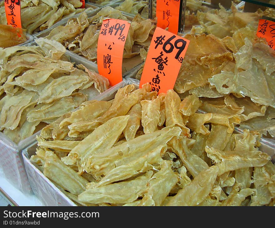 Bins of fish bladders in Chinatown market store. Bins of fish bladders in Chinatown market store