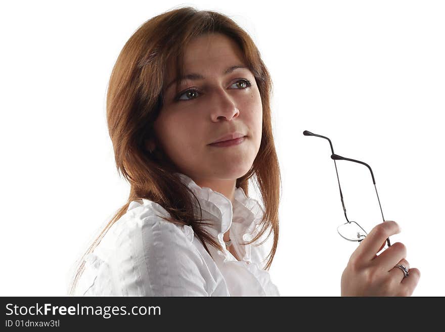 Business woman hold glasses isolated on white background