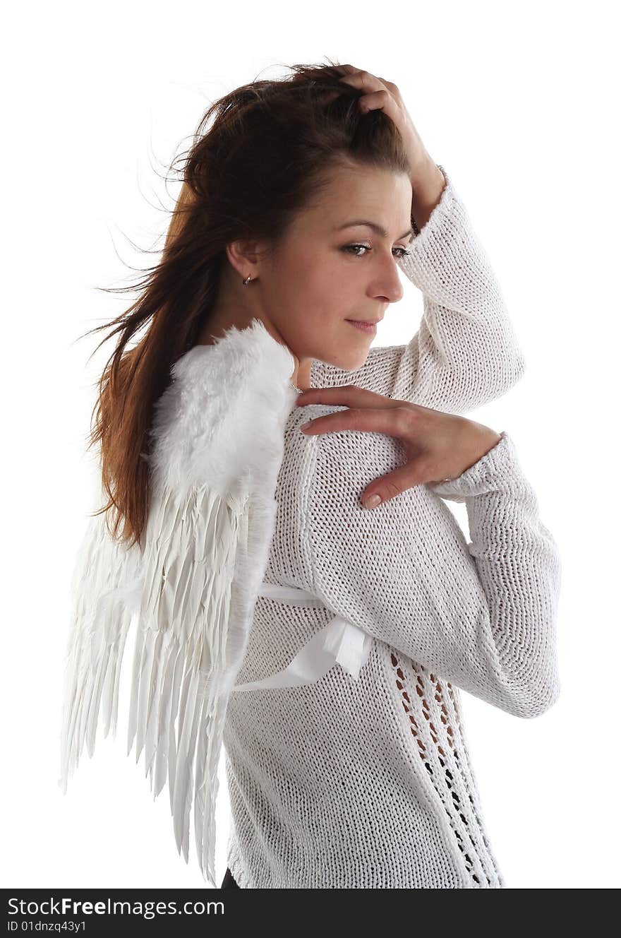 Girl like an angel isolated on white background