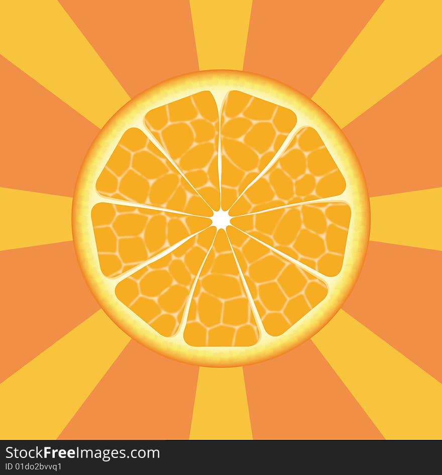 Illustration of orange fruit on rays background. Illustration of orange fruit on rays background