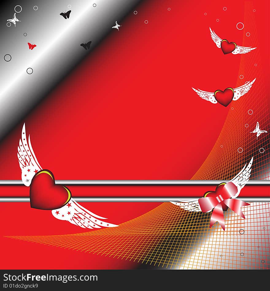 Abstract colorful illustration with red hearts with white wings and small butterflies. Abstract colorful illustration with red hearts with white wings and small butterflies