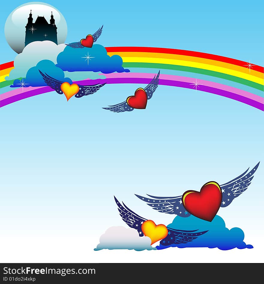 Abstract colorful background with colored hearts with wings flying among clouds. Valentine's Day concept. Abstract colorful background with colored hearts with wings flying among clouds. Valentine's Day concept