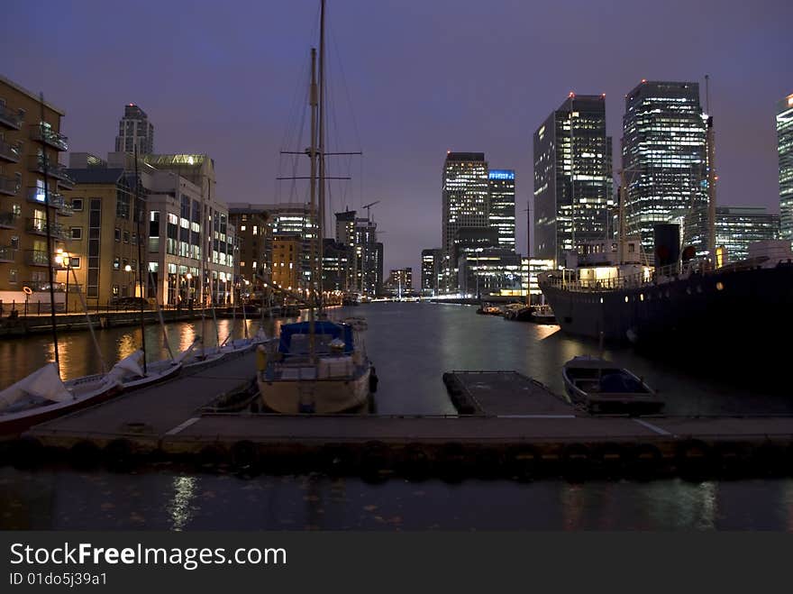 Canary Wharf area of London at sunset. Canary Wharf area of London at sunset