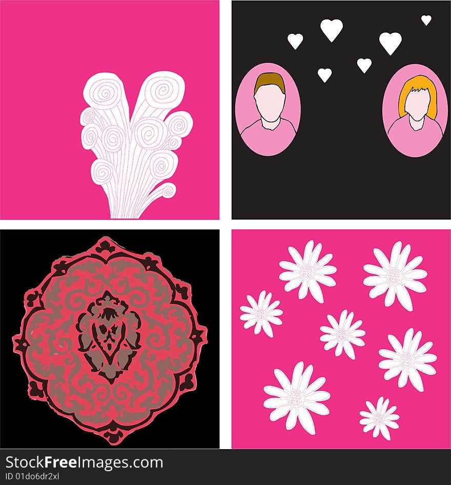 Four Valentine love designs with black and pink backgrounds. Four Valentine love designs with black and pink backgrounds.