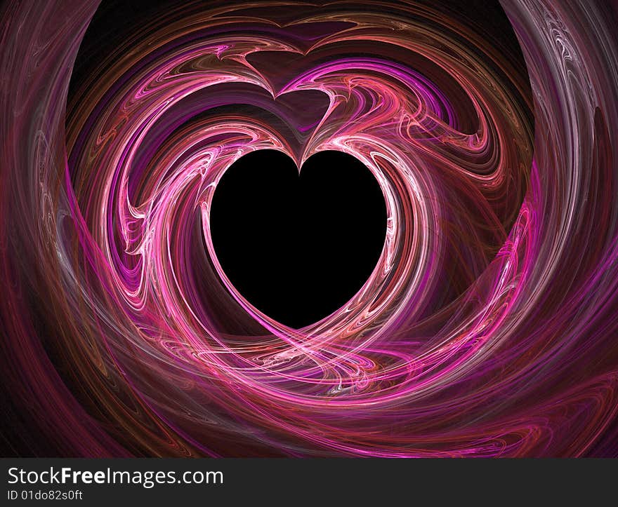 A black heart surrounded by swirls of pink and purple. A black heart surrounded by swirls of pink and purple.