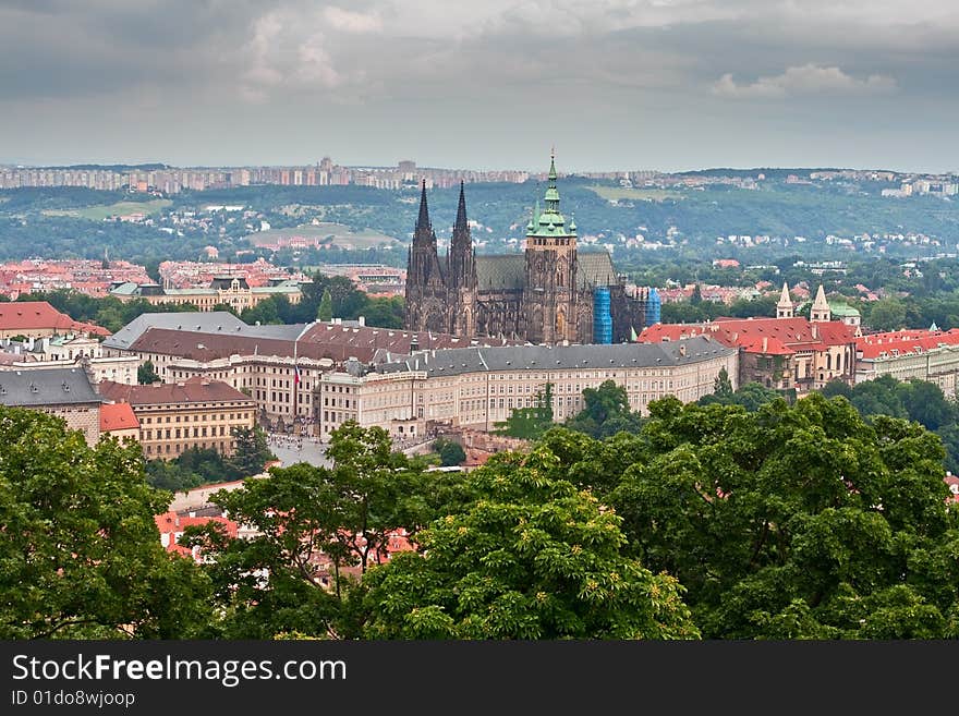 View of the center of old part Prague. Saint Vit cathedral.