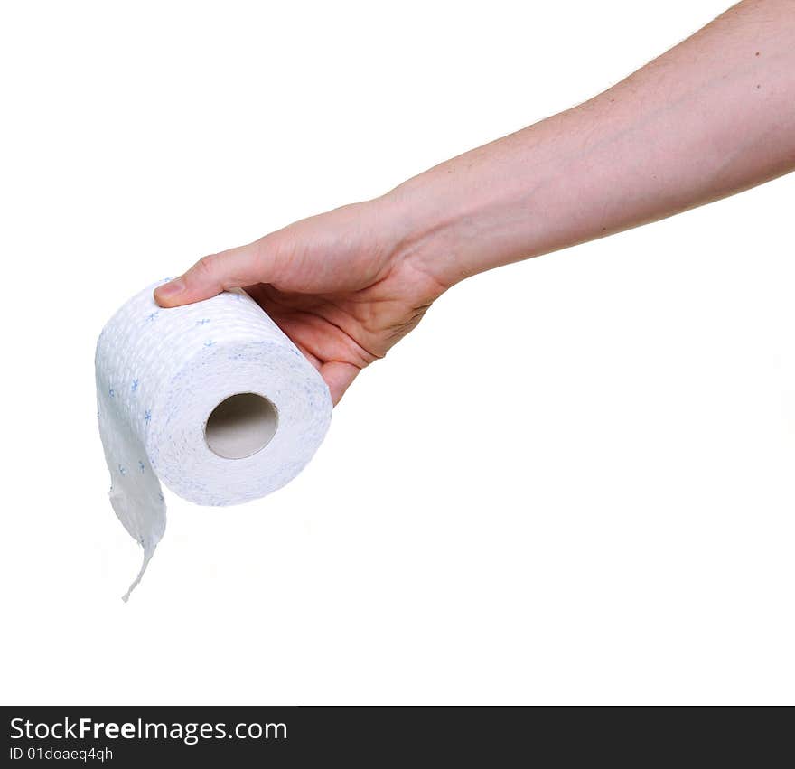 Hand holding toilet paper over white background