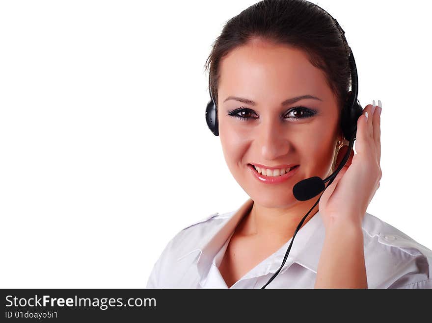 Beautiful woman with headphones on white background