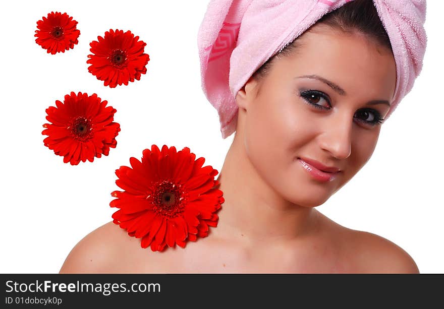 Portrait of woman in pink towel on her head. Portrait of woman in pink towel on her head