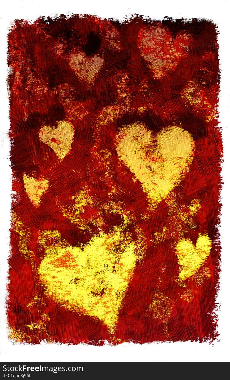 Burning hearts on red background (hand drawn - raster)