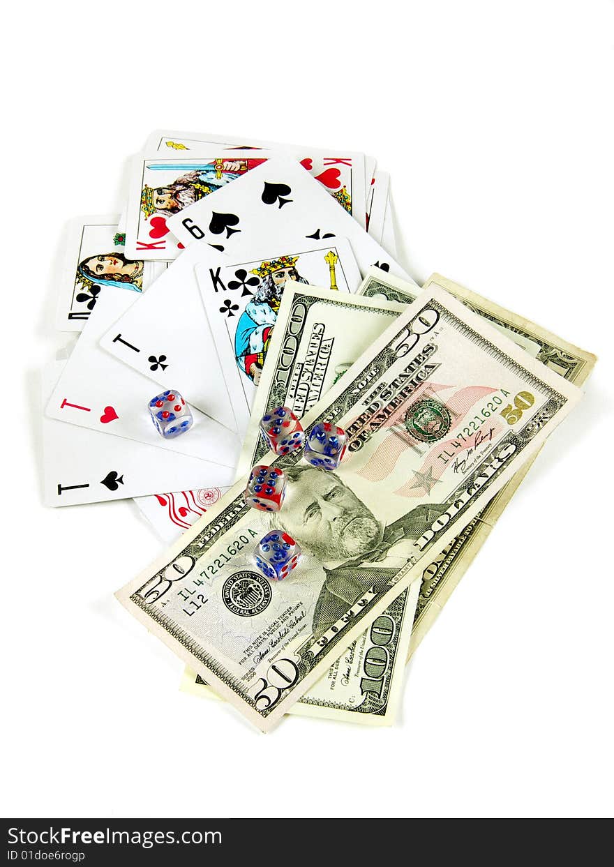 Playing cards, dices , money on white background. Playing cards, dices , money on white background