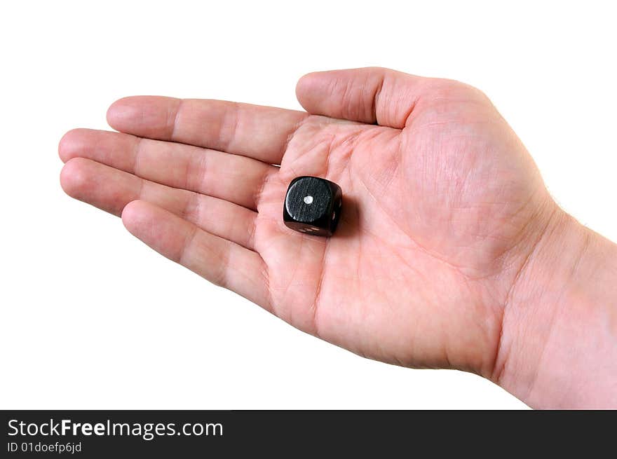 Hand holding dice over white background