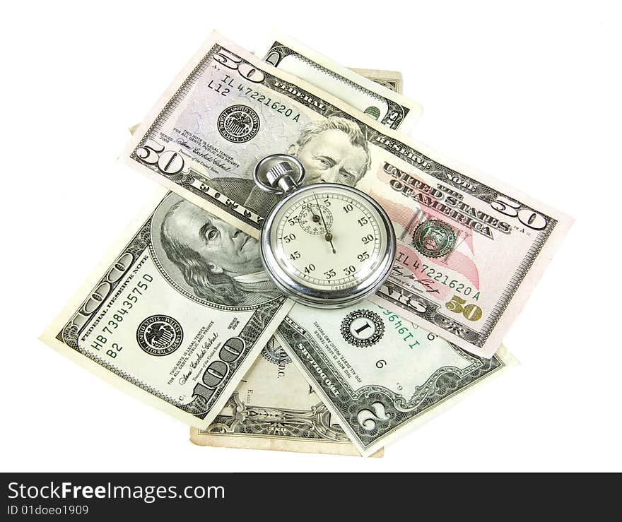 Soft money and old stopwatch on white background. Soft money and old stopwatch on white background