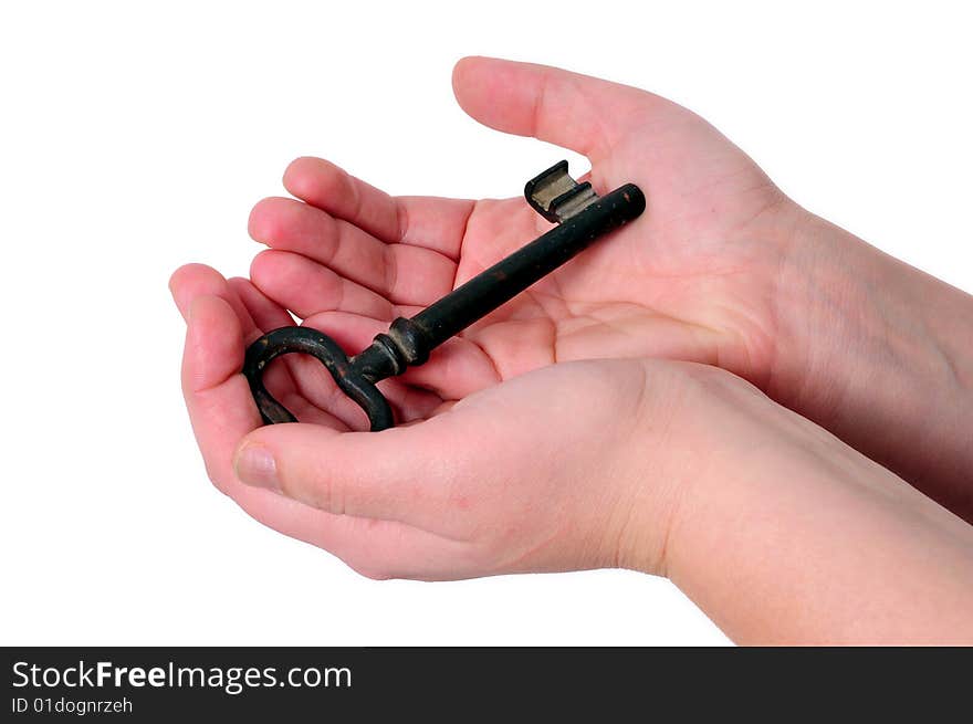 Key in a hand on white background