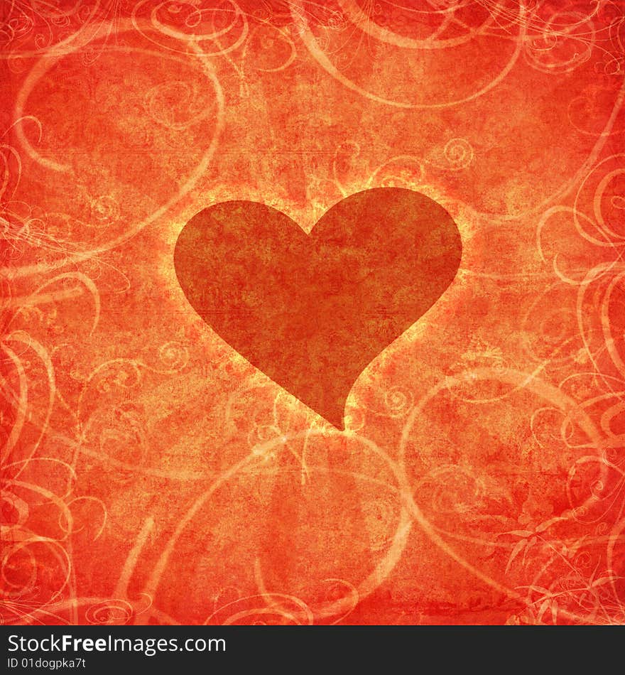 Grungy valentine heart with swirls and sun rays. Grungy valentine heart with swirls and sun rays