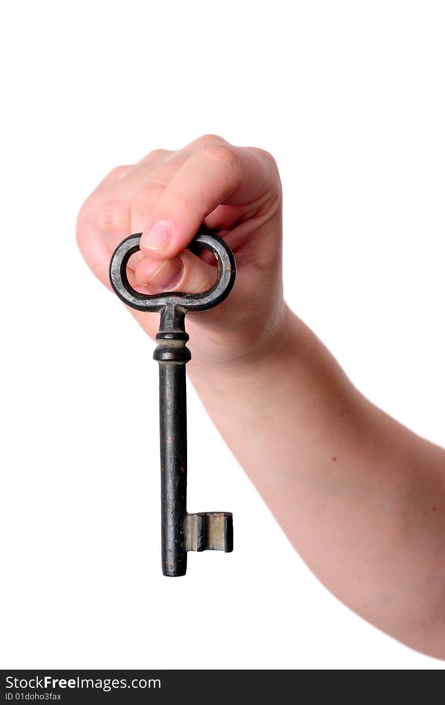 Key in a hand on white background